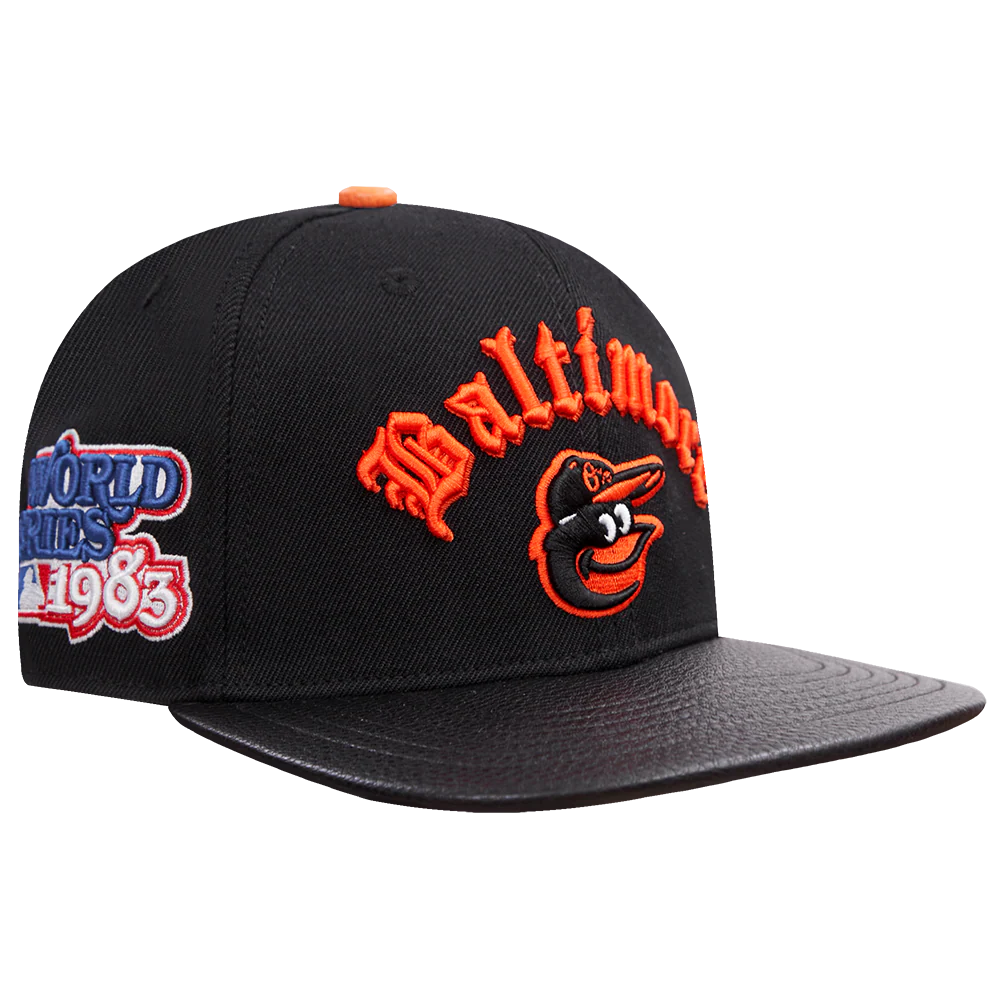 MLB BALTIMORE ORIOLES OLD ENGLISH UNISEX 6 PANEL LEATHER STRAPBACK
