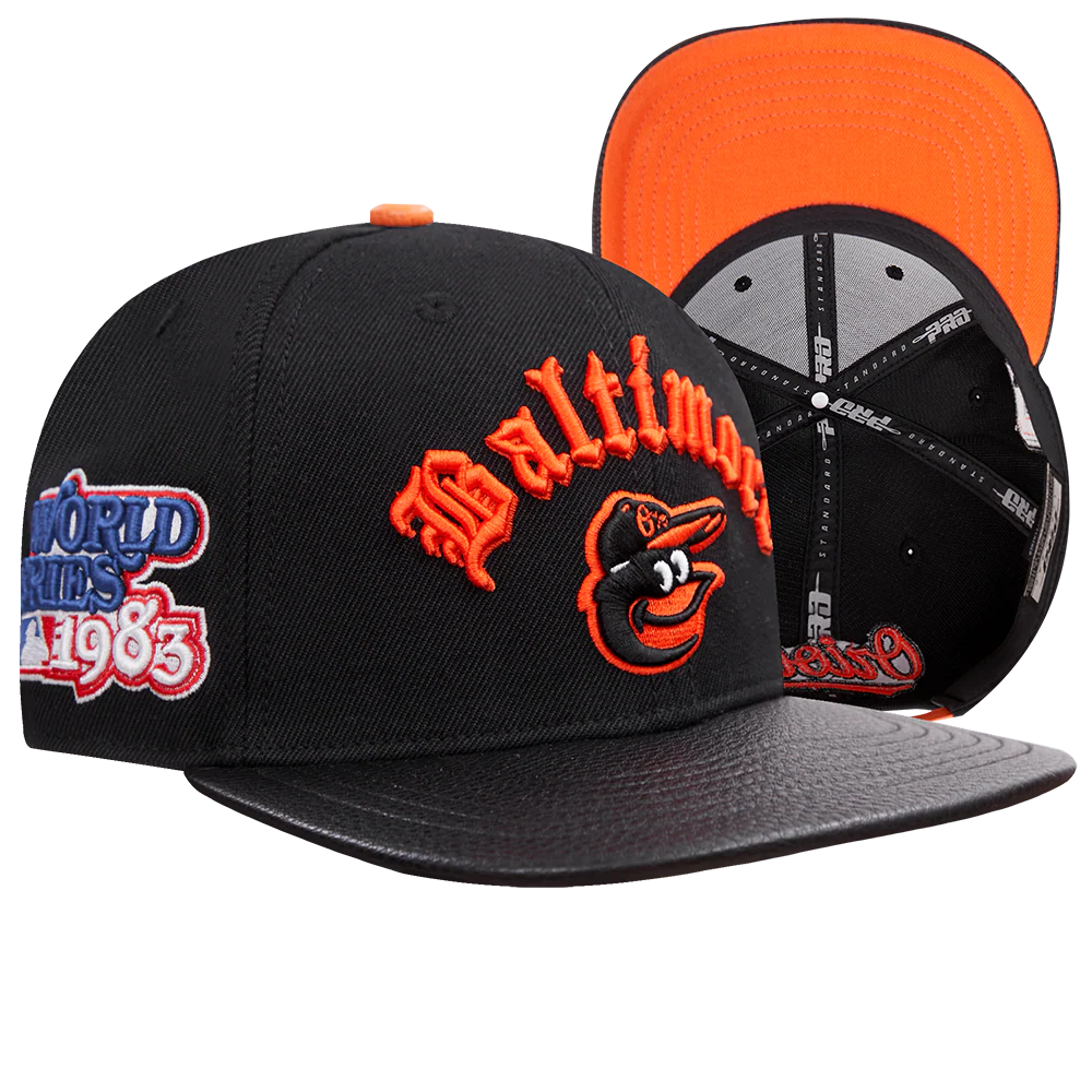 MLB BALTIMORE ORIOLES OLD ENGLISH UNISEX 6 PANEL LEATHER STRAPBACK