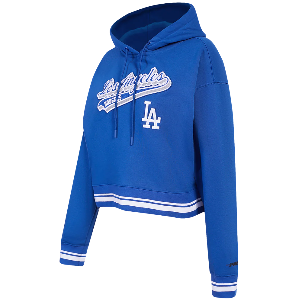 MLB LOS ANGELES DODGERS SCRIPT TAIL WOMEN'S RIB FLEECE CROPPED PULLOVER HOODIE