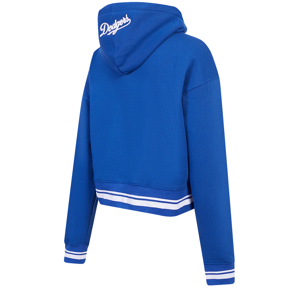 MLB LOS ANGELES DODGERS SCRIPT TAIL WOMEN'S RIB FLEECE CROPPED PULLOVER HOODIE