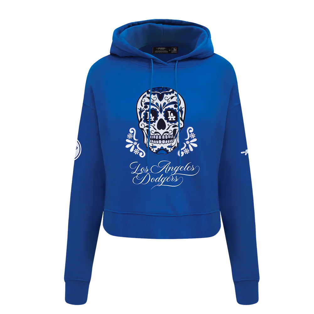 MLB LOS ANGELES DODGERS SUGAR SKULL WOMEN'S FLEECE CROPPED PULLOVER HOODIE