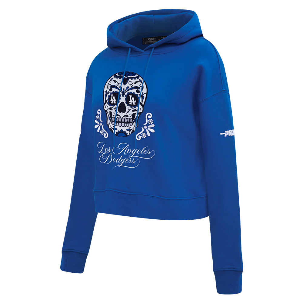 MLB LOS ANGELES DODGERS SUGAR SKULL WOMEN'S FLEECE CROPPED PULLOVER HOODIE